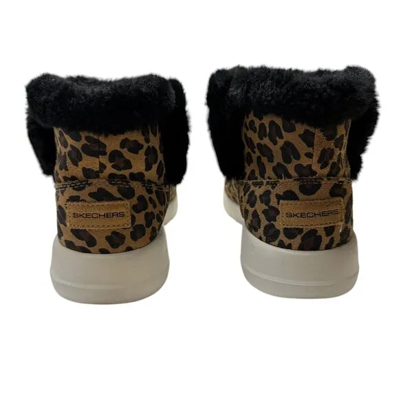 Skechers On-The-Go Joy Ankle Boots Suede Snow Kitty Leopard Walking Cozy EUC 9