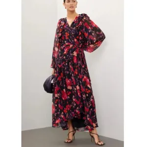 Slate &amp; Willow Dress Women's Size XS Black and Red Floral Midi Wrap Long Sleeve