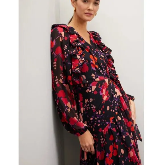 Slate &amp; Willow Dress Women's Size XS Black and Red Floral Midi Wrap Long Sleeve