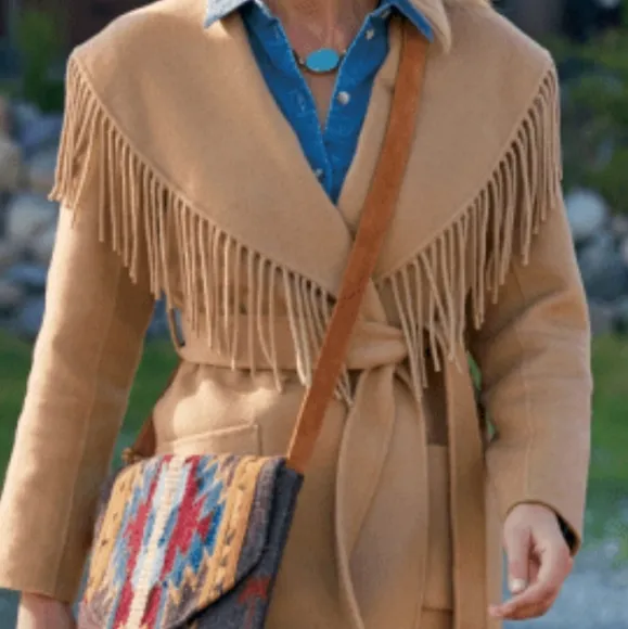 Soft Surroundings wool  camel shawl fringe collar western blanket coat S NWT