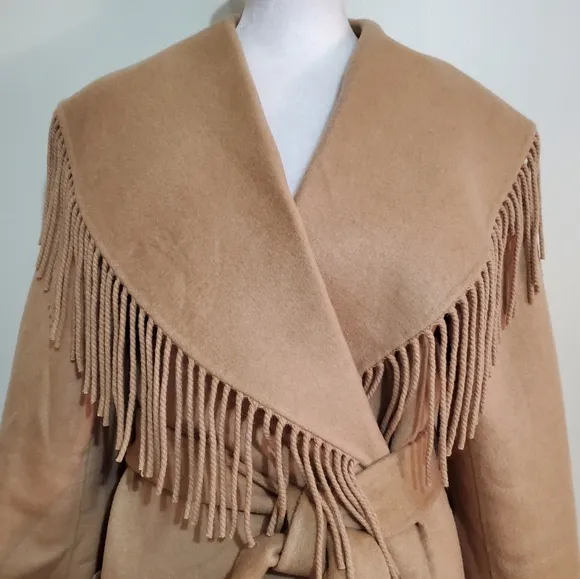 Soft Surroundings wool  camel shawl fringe collar western blanket coat S NWT