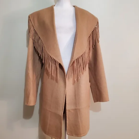 Soft Surroundings wool  camel shawl fringe collar western blanket coat S NWT