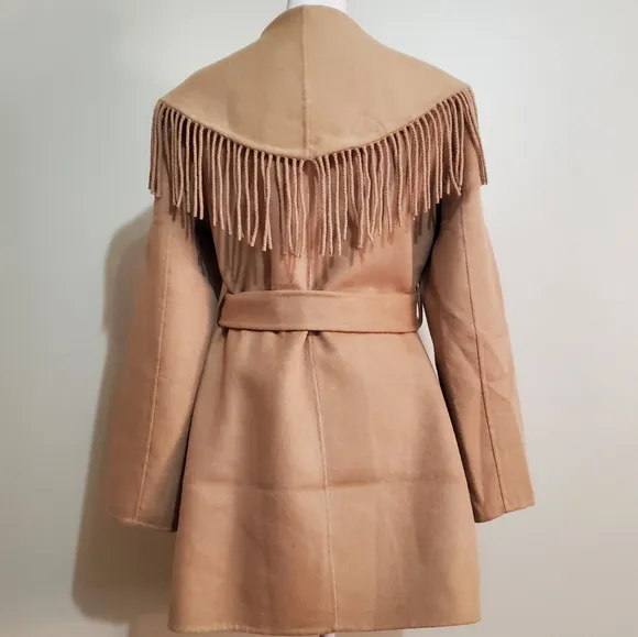 Soft Surroundings wool  camel shawl fringe collar western blanket coat S NWT