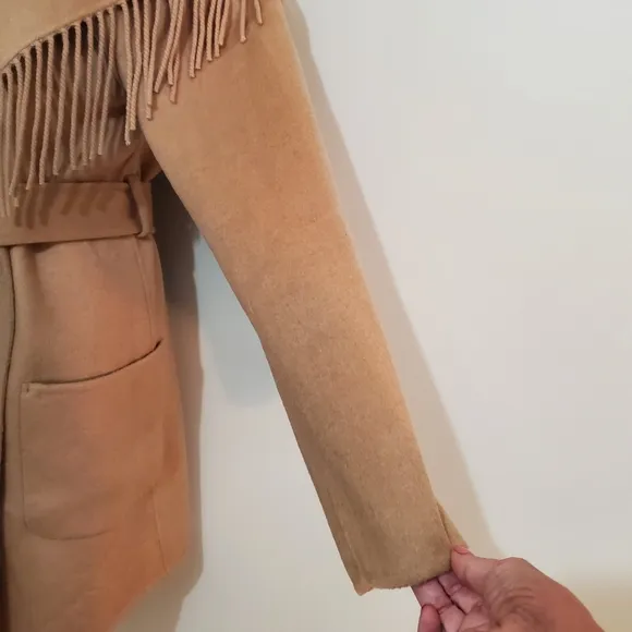 Soft Surroundings wool  camel shawl fringe collar western blanket coat S NWT