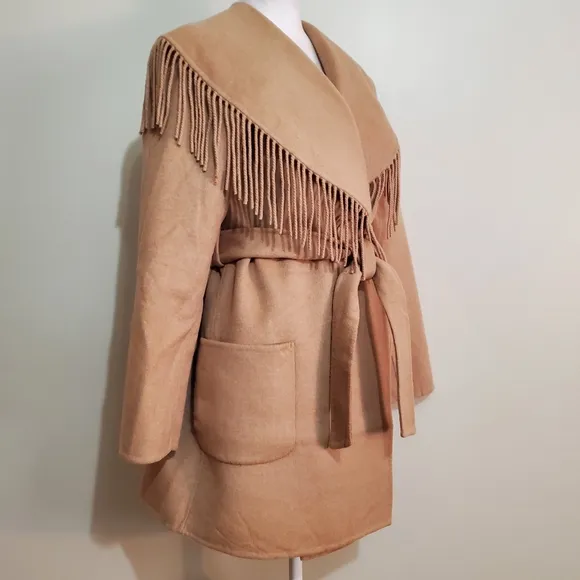 Soft Surroundings wool  camel shawl fringe collar western blanket coat S NWT