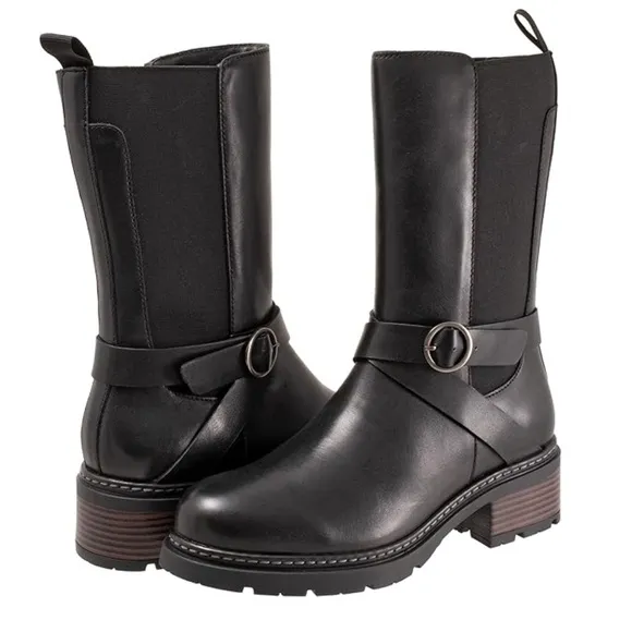 Soft Walk Neenah Black Leather Riding Moto Boots Womens Size 7.5 Wide NEW