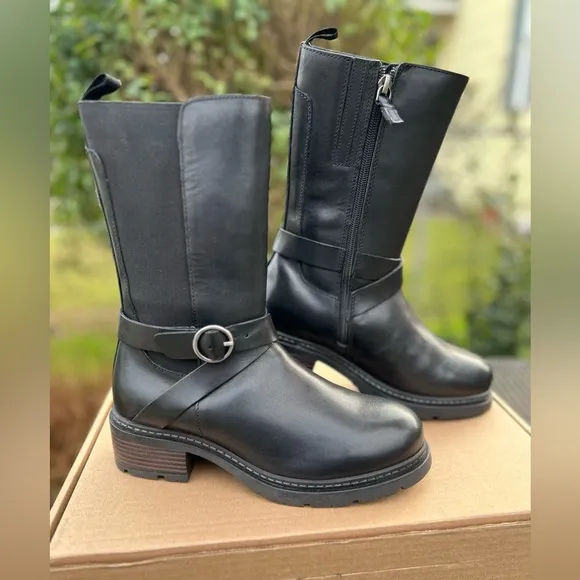 Soft Walk Neenah Black Leather Riding Moto Boots Womens Size 7.5 Wide NEW