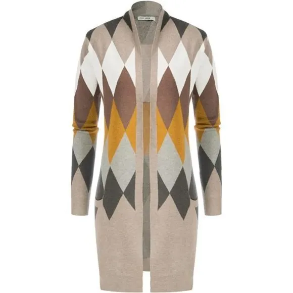 Solid Open Front Long Knited Cardigan Sweater for Women, Argyle Light Grey