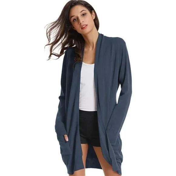 Solid Open Front Long Knited Cardigan Sweater for Women, Dark Blue