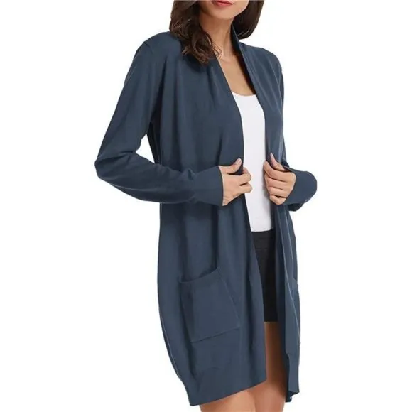 Solid Open Front Long Knited Cardigan Sweater for Women, Dark Blue