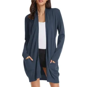 Solid Open Front Long Knited Cardigan Sweater for Women, Dark Blue