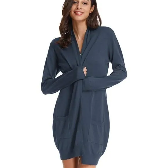 Solid Open Front Long Knited Cardigan Sweater for Women, Dark Blue