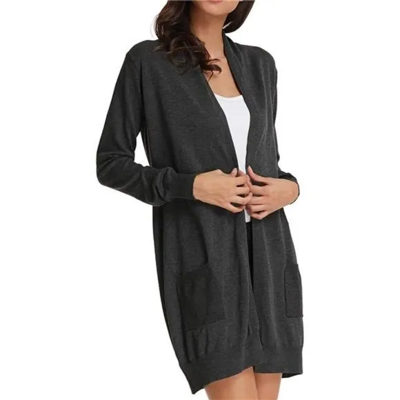 SOLID Open Front Long Knited Cardigan Sweater for Women, Deep Grey