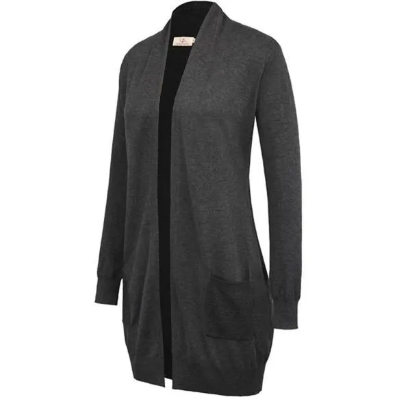 SOLID Open Front Long Knited Cardigan Sweater for Women, Deep Grey