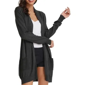 SOLID Open Front Long Knited Cardigan Sweater for Women, Deep Grey