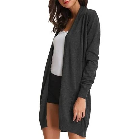 SOLID Open Front Long Knited Cardigan Sweater for Women, Deep Grey