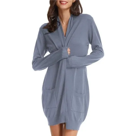 𝅺SOLID Open Front Long Knited Cardigan Sweater for Women, Grey Blue