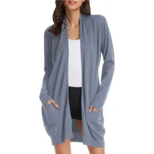 𝅺SOLID Open Front Long Knited Cardigan Sweater for Women, Grey Blue