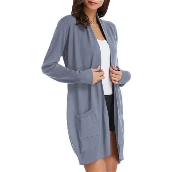 𝅺SOLID Open Front Long Knited Cardigan Sweater for Women, Grey Blue