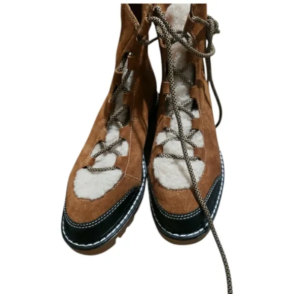 Soludos Aspen Cozy Boots Leather/Faux Fur lace-up winter Brown Women's Size 9