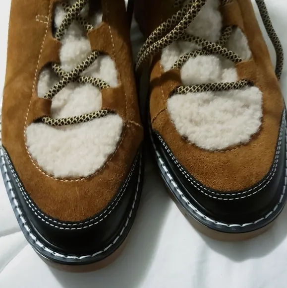Soludos Aspen Cozy Boots Leather/Faux Fur lace-up winter Brown Women's Size 9