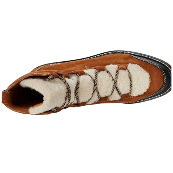 Soludos Aspen Cozy Boots Leather/Faux Fur lace-up winter Brown Women's Size 9