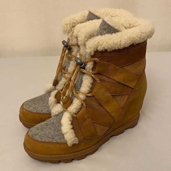 Sorel 8 Joan Of Arctic Wedge II Cozy Ankle Boots Brown Camel Color Suede