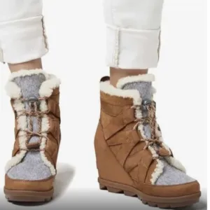 Sorel 8 Joan Of Arctic Wedge II Cozy Ankle Boots Brown Camel Color Suede