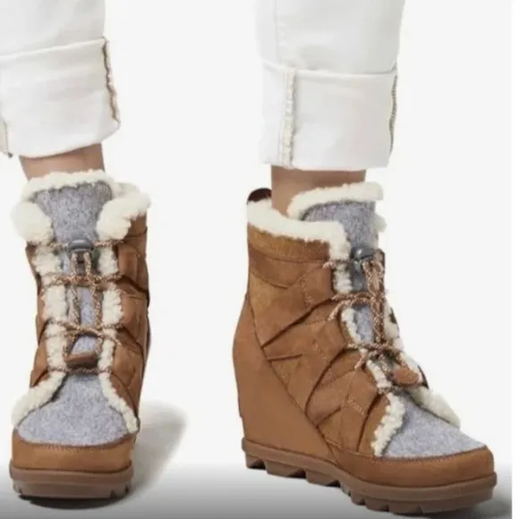 Sorel 8 Joan Of Arctic Wedge II Cozy Ankle Boots Brown Camel Color Suede
