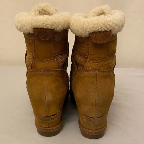 Sorel 8 Joan Of Arctic Wedge II Cozy Ankle Boots Brown Camel Color Suede
