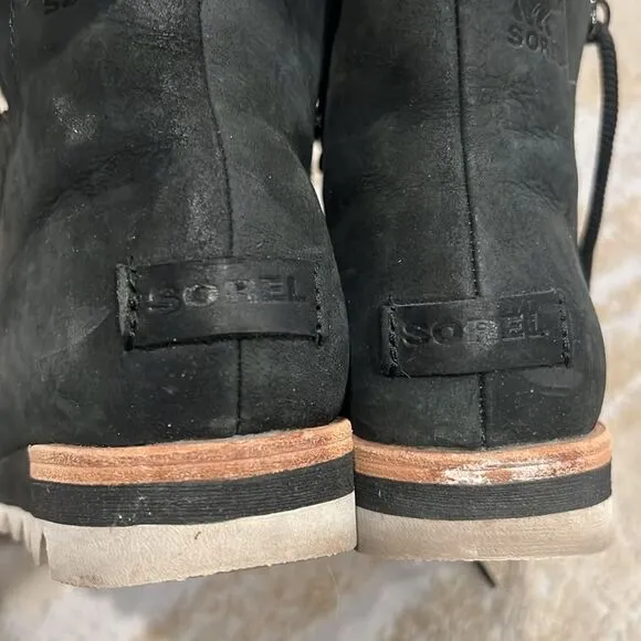Sorel Black Leather &amp; Grey Wool Fur Lace Up Women's Boots. Sz 8 in GUC