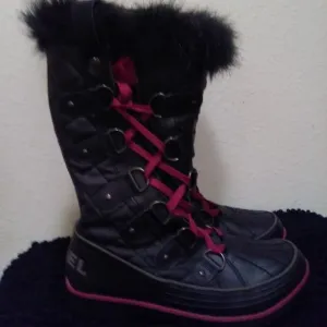 Sorel Black Winter Faux Fur Side Twist Lace-up Boots Size 7