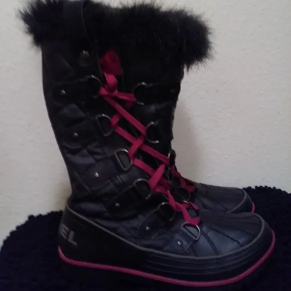 Sorel Black Winter Faux Fur Side Twist Lace-up Boots Size 7