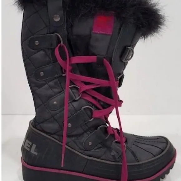 Sorel Black Winter Faux Fur Side Twist Lace-up Boots Size 7