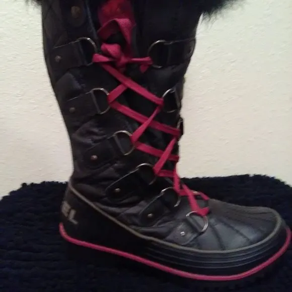 Sorel Black Winter Faux Fur Side Twist Lace-up Boots Size 7