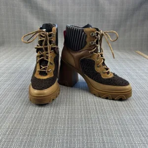 Sorel Boots Womens 7.5 Leather Brex Heel Cozy Lace up Booties Shearling Platform