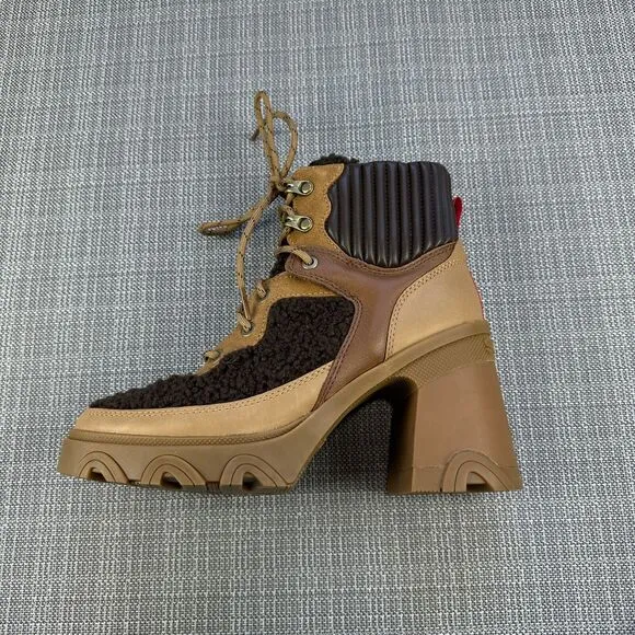 Sorel Boots Womens 7.5 Leather Brex Heel Cozy Lace up Booties Shearling Platform