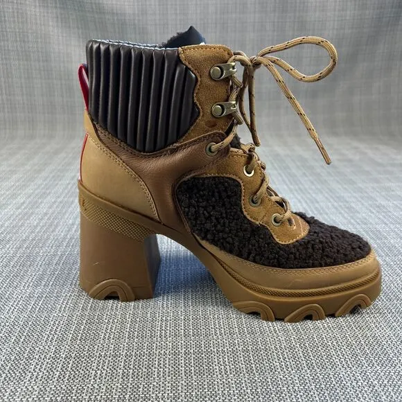 Sorel Boots Womens 7.5 Leather Brex Heel Cozy Lace up Booties Shearling Platform