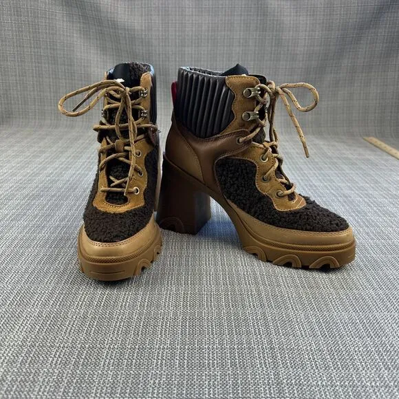 Sorel Boots Womens 7.5 Leather Brex Heel Cozy Lace up Booties Shearling Platform