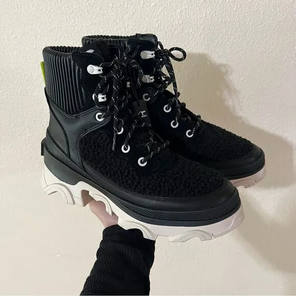 Sorel Brex Cozy Shearling Lace Waterproof Boot in Black Sea Salt NEW 8.5
