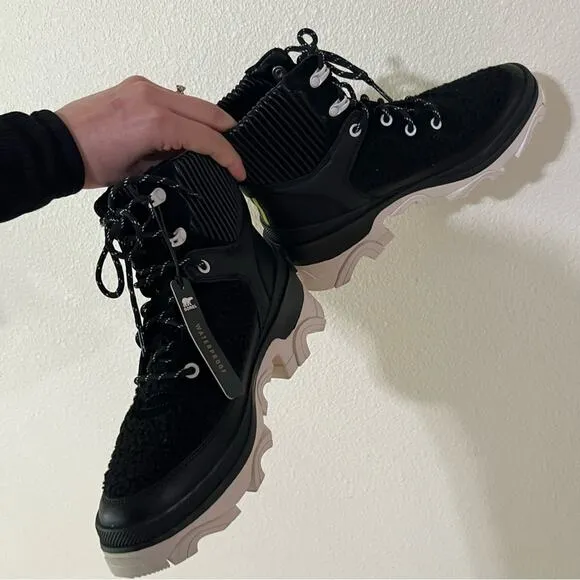 Sorel Brex Cozy Shearling Lace Waterproof Boot in Black Sea Salt NEW 8.5