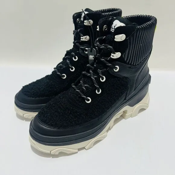 Sorel Brex Size 7.5 Ankle Boots Black Sea Salt Cozy Lace Waterproof NWOB $210