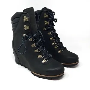 Sorel Conquest Wedge Heel Boots Lace Up Waterproof Leather Combat Hiking Black