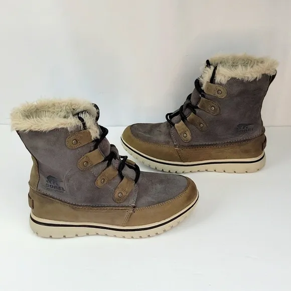 Sorel Cozy Joan Leather Boots with Faux Fur Trim &quot;Quarry&quot; Size 7
