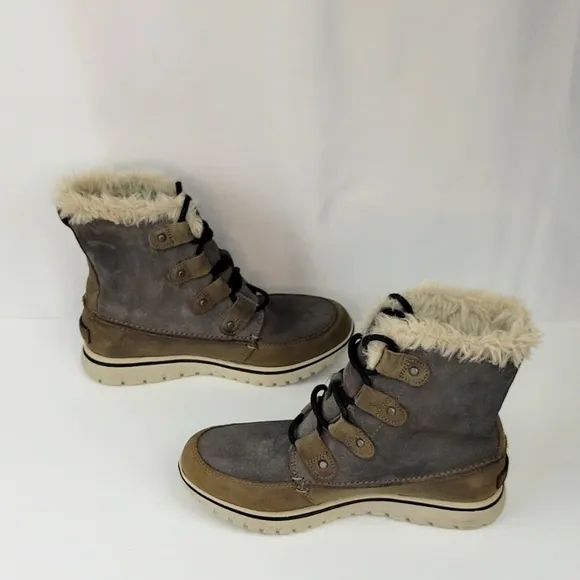 Sorel Cozy Joan Leather Boots with Faux Fur Trim &quot;Quarry&quot; Size 7