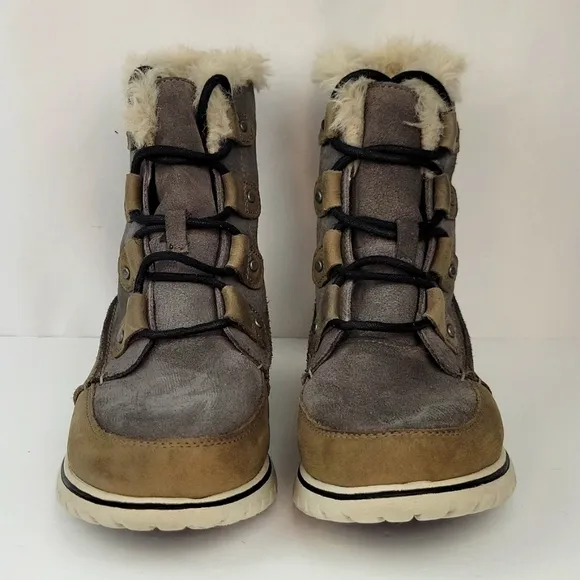 Sorel Cozy Joan Leather Boots with Faux Fur Trim &quot;Quarry&quot; Size 7