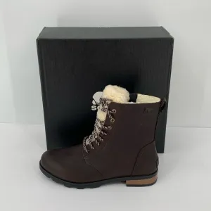 Sorel Emelie Short Lace Cozy Boots brown leather shearling winter waterproof 7