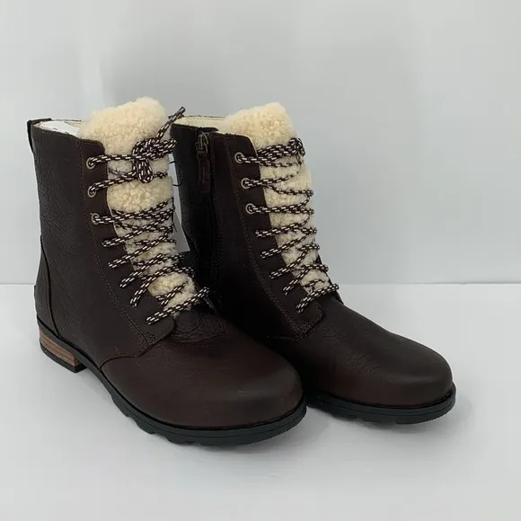 Sorel Emelie Short Lace Cozy Boots brown leather shearling winter waterproof 7