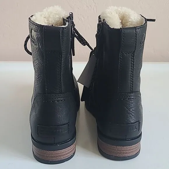 Sorel Emelie Short Lace Cozy - Waterproof Black Leather Shearling Boots Size 6.5