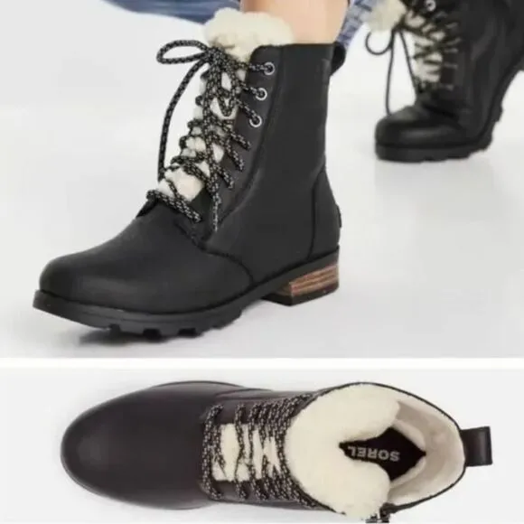 Sorel Emelie Short Lace Cozy - Waterproof Black Leather Shearling Boots Size 6.5